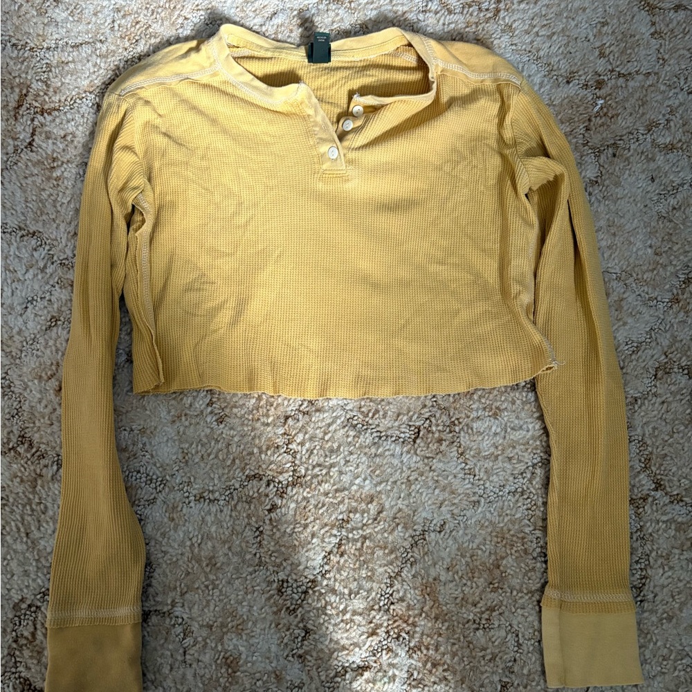Yellow Waffle Knit Long Sleeve Crop Top